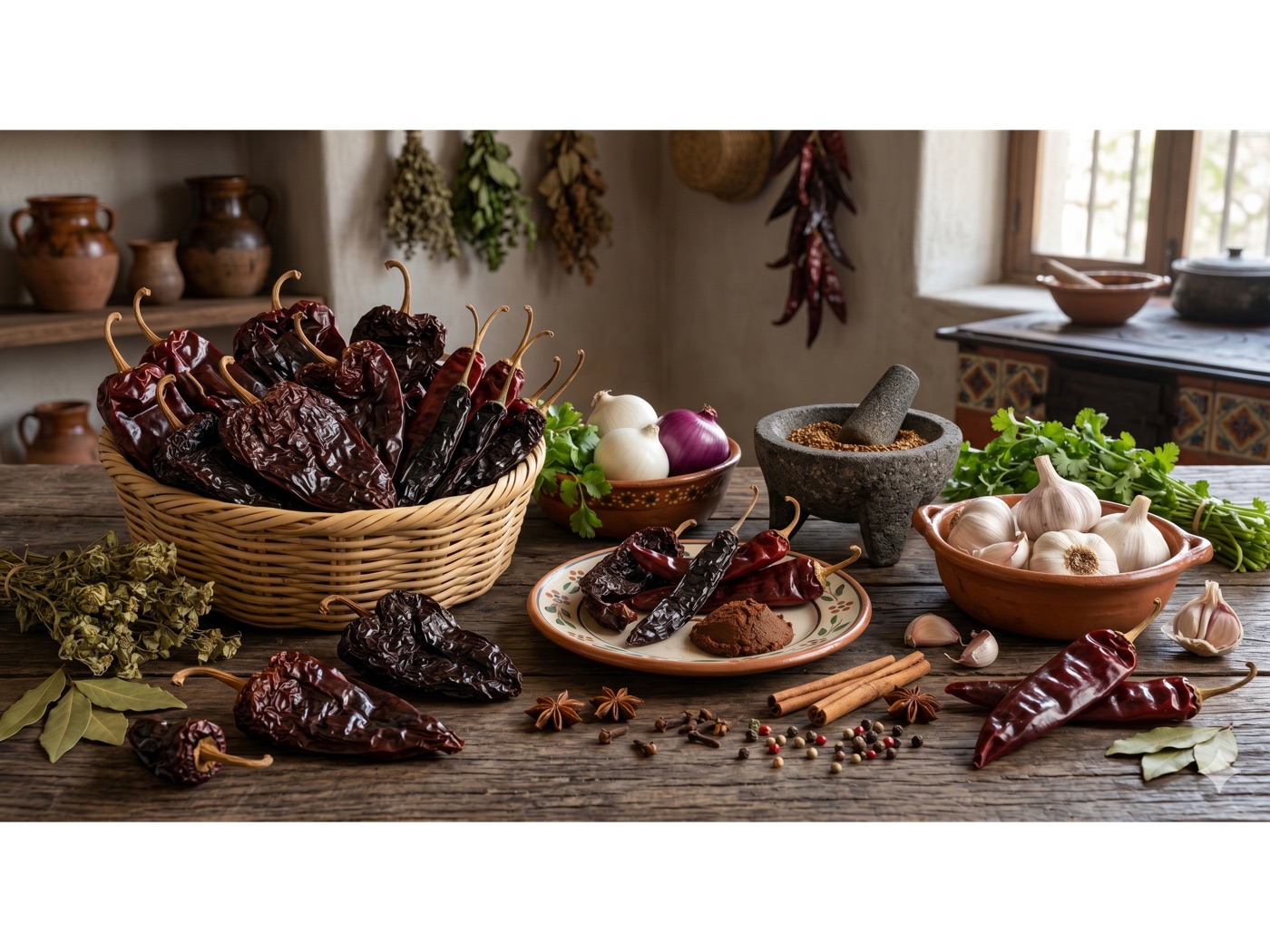 Chiles secos y especias mexicanas sobre mesa rústica
