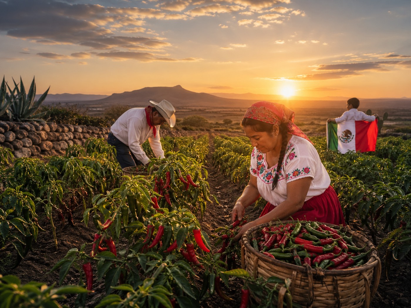 Trabajadores en un campo de chile al atardecer en Zacatecas